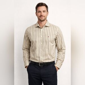 Burberry London Men's Shirt Button Down Long Sleeve Stripe Green Cream 15.5